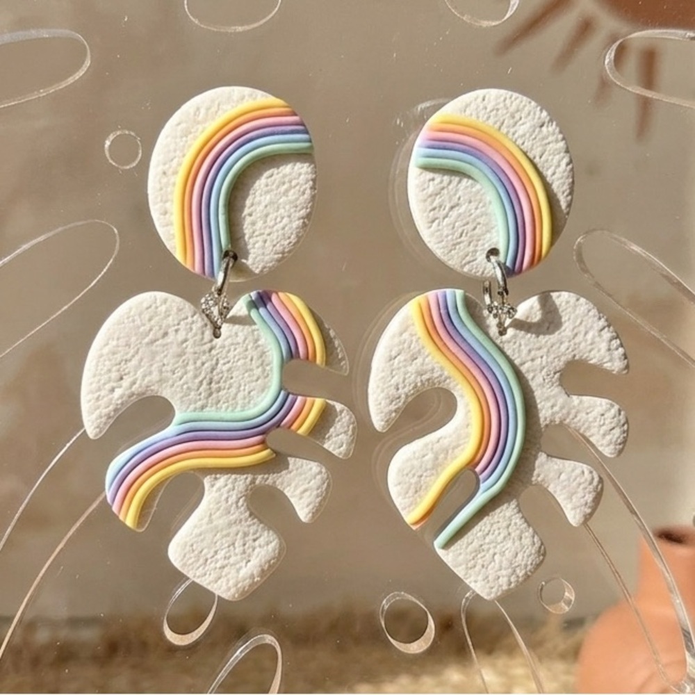 NWT Rainbow Streak Monstera Leaf Stud Dangles - Handmade Earrings